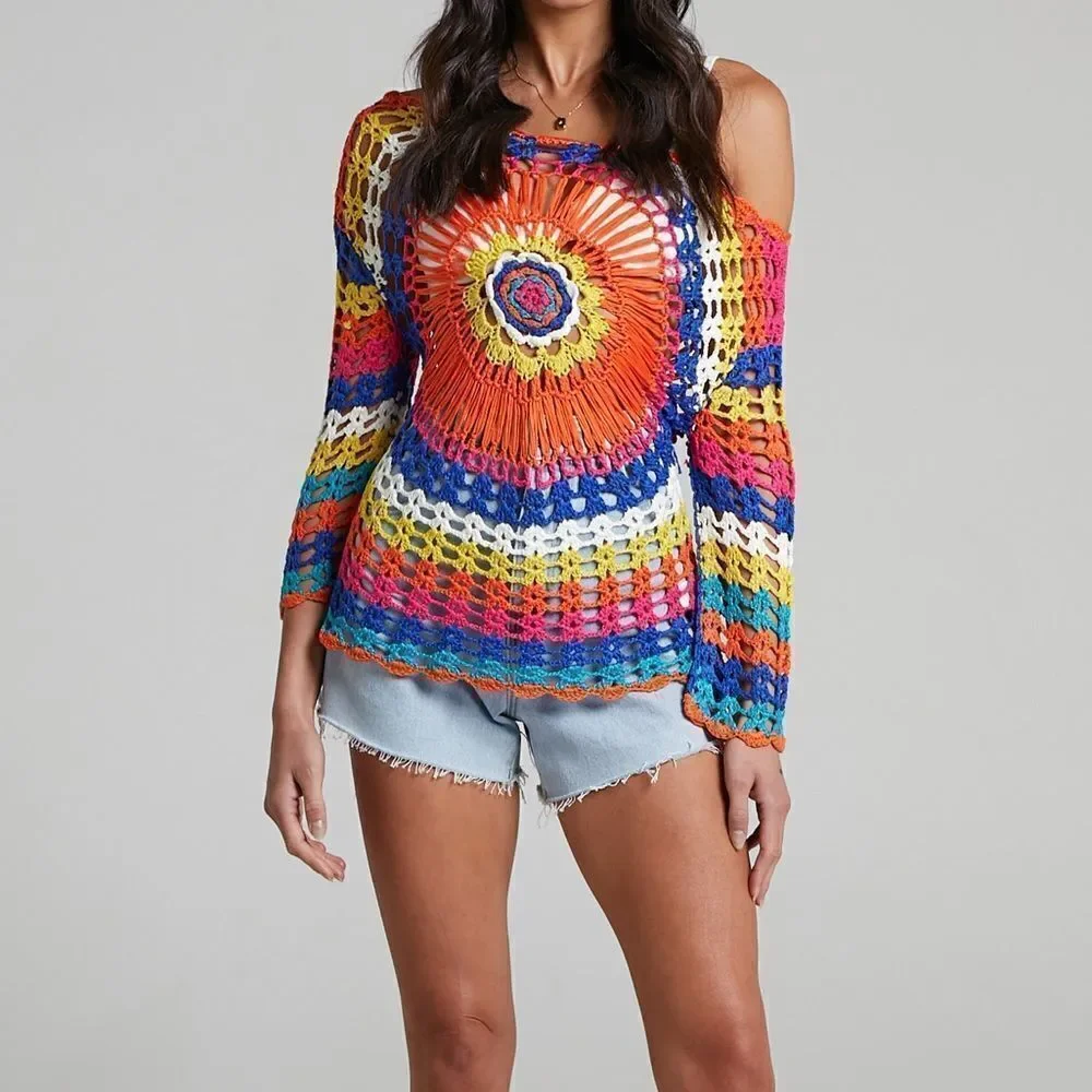 𝅺cupshe Crochet Multicolor Rainbow Top